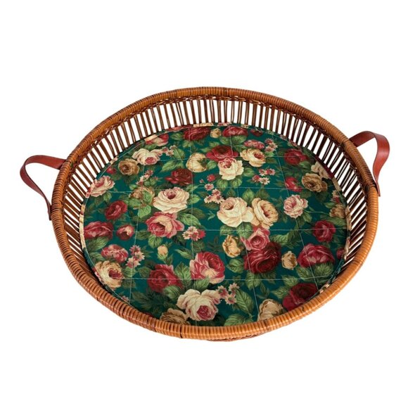 Rattan Round Serving Tray Wicker Leather Handles VTG 70s Kitchen Farmers Market - Picture 4 of 12
